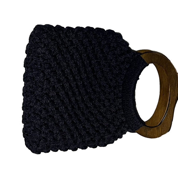 Navy Macrame Purse Vintage Wood Handles 15”x11”x2 Bohemian Hippie 70’s - Picture 2 of 4